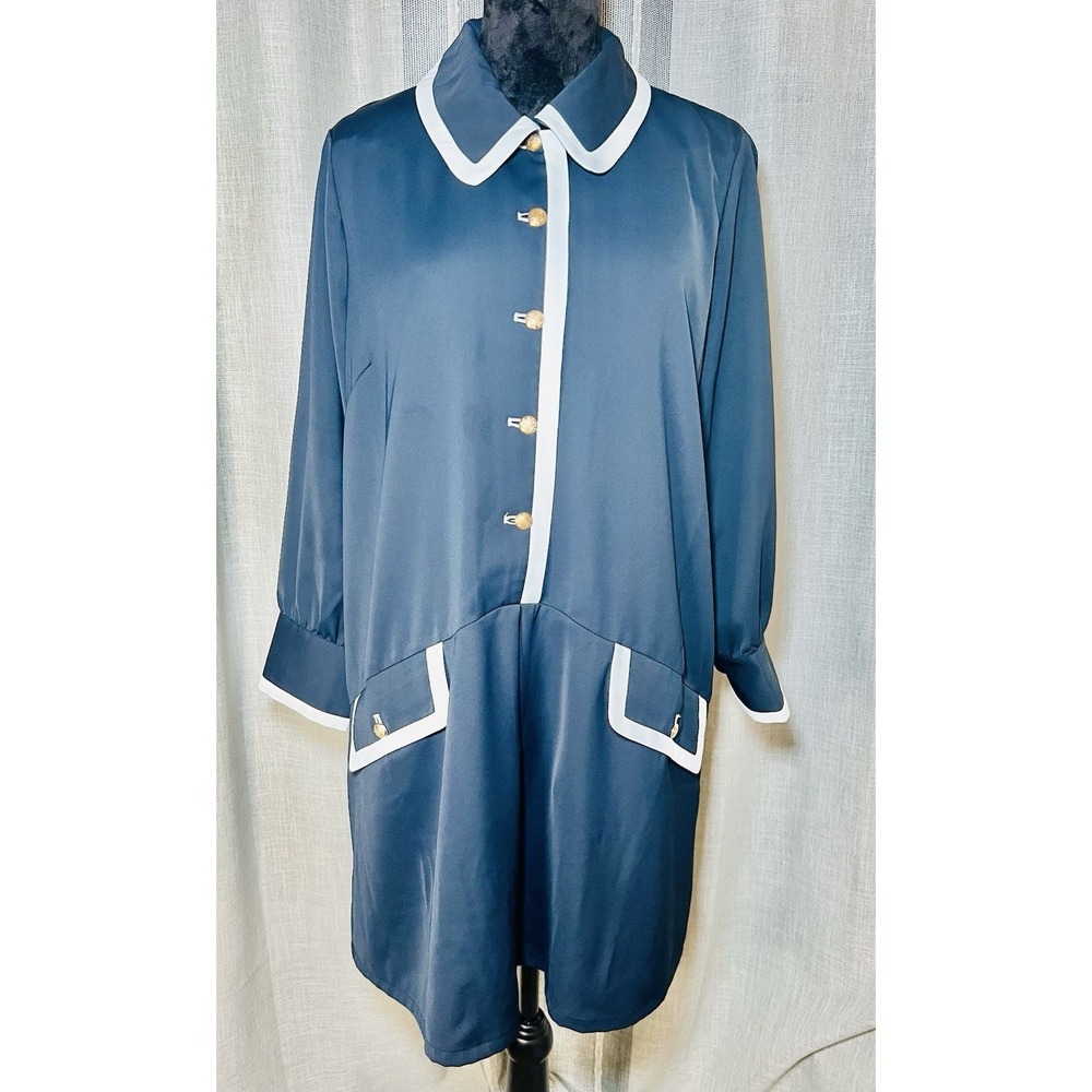 Tuckernuck Navy Blue Shirt Dress Drop Waist - White Trim Gold Button - XXL NWT